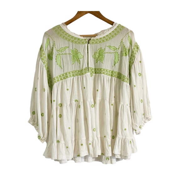 Free People Edie Top Womens White Green Linen Blend Beaded Embroidered M - Picture 4 of 12